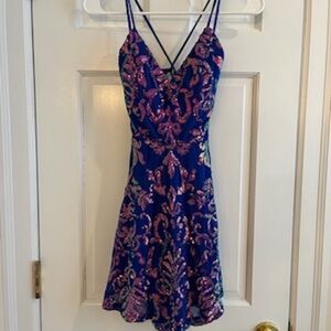 Windsor mini dress, pink sequins on a deep blue/purple background